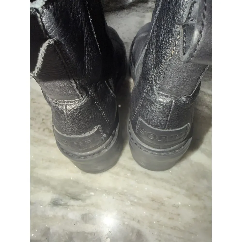 Sorel Joan Chelsea Leather Black Pull-on Ankle Combat Boots Lug Sole 6.5 SRS2